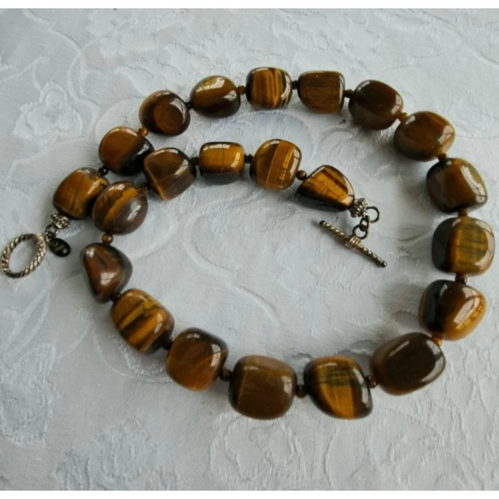 Fashion Jewelry Gemstone Tiger's Eye Beaded Necklace Sterling Silver Clasp